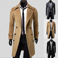 Threebooy Autumn Winter Men Long Trench Coat Double-breasted Solid Color Simple Mid-Length Windproof Thick British Fashion Slim Jacket