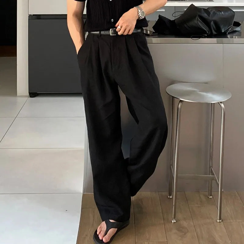 Threebooy  New Japanese Retro Men Casual Pants Luxury Draped Wide Leg Leisure Solid Color Straight Trousers High Quality Elegant Sweatpants