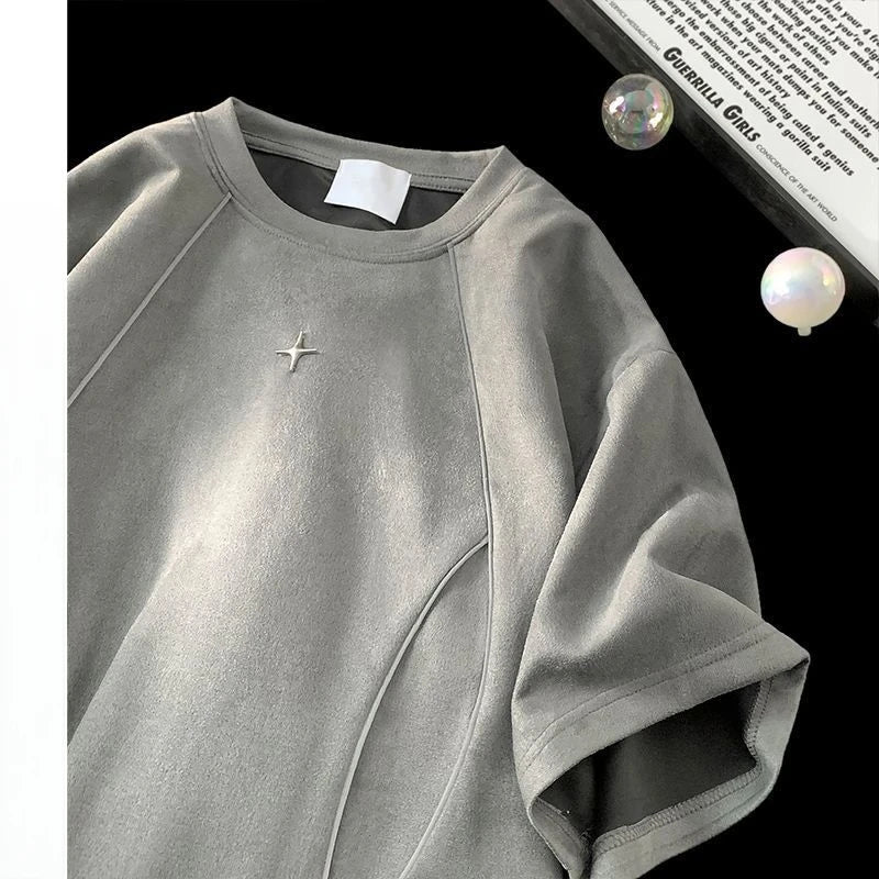 Threebooy American High Street Niche Suede Short-sleeved T-shirt Men's Summer Korean Style Fashion Reflective Strip Loose T-shirt Urban