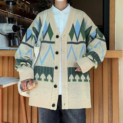 Threebooy Fashion V Neck Knitted Men Cardigan Sweater Korean Casual Coats Jacket Japanese Trendy Oversized Loose Sweater Mens Cloth