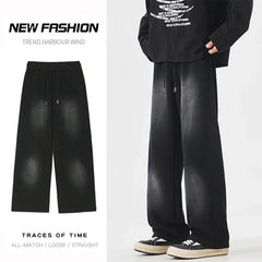 Threebooy  Autumn New Fashion Korean Men's Casual Pants Distressed Classic Black Baggy Straight Trousers Sweatpants Streetwear Male Clothes