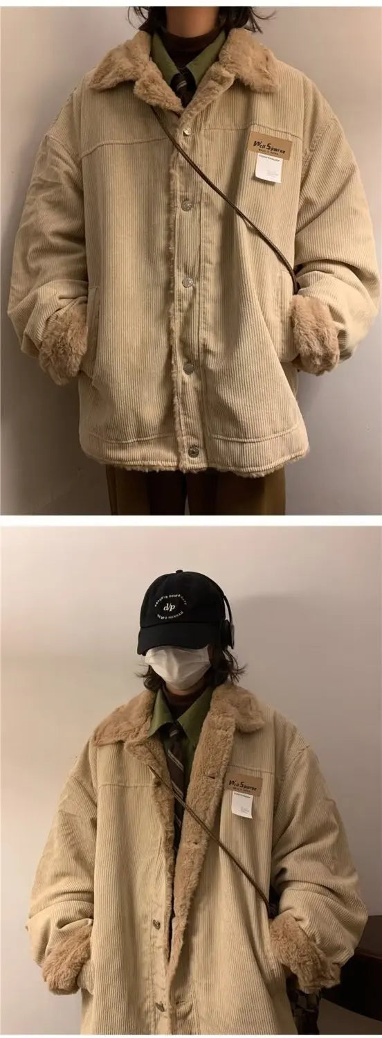 Threebooy Men's Retro Corduroy Padded Jacket Women Winter Loose Casual Thickened Cotton Turndown Collar Single-breasted Long Sleeves Tops