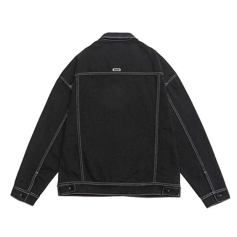 Threebooy  Men's Fashion Baggy Denim Jacket Streetwear Large Pocket Contrast Design Oversized Black White Washed Denim Coats Autumn 4XL 5XL