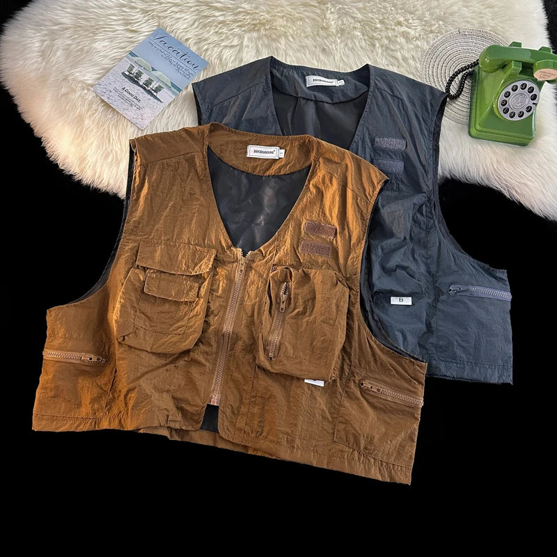 Threebooy  American Outdoor Multi-function Short Vest Jacket Basic Commuting Versatile Vest Cityboy Workwear Waistcoat Aesthetic Urban Chic