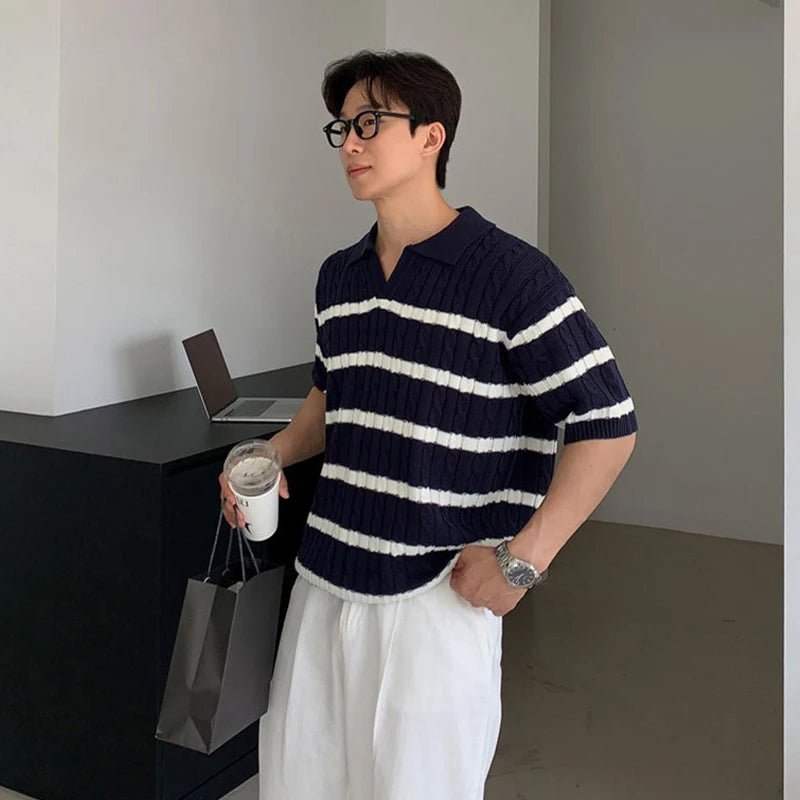 Threebooy Men's Clothing Fashion Tops Light Luxury Korean Popular Knit Polo Shirt Leisure V Neck Short Sleeve Solid Color Striped Knitwear