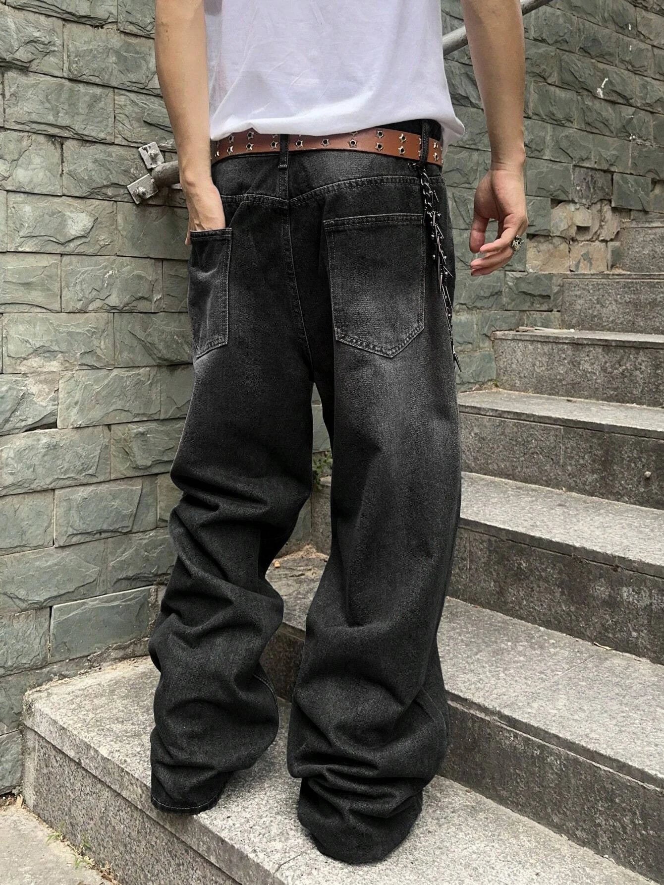 Threebooy  1Pc Men's Daily Travel Casual American Street Loose Jeans, Black, Light Blue, Sea Blue Fashion Street Style Retro Lantern Jeans Jeans Denim Pants