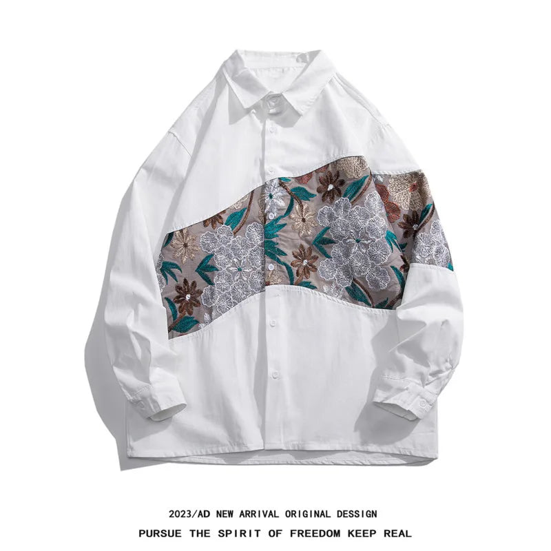 Threebooy Long Sleeved Shirt Men Fashion Retro Flower Shirt Mens Japanese Streetwear Hip-hop Loose Embroidered Shirt Men Large Size 5XL
