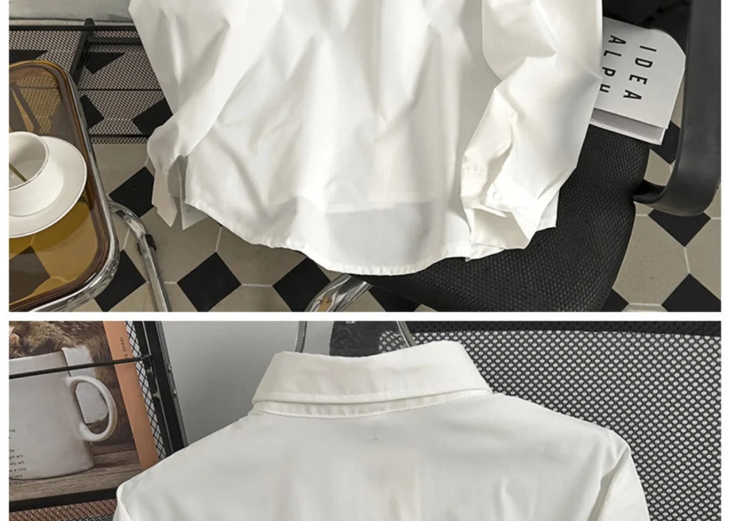 Threebooy Japanese High-end Denim Jacket Spliced Long-sleeved Shirt Men's Niche Design Sense High Street Couple Loose Casual White Shirt