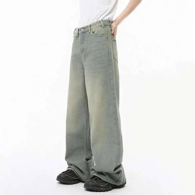 Threebooy  Autumn Men Denim Pants Straight Droop Vintage Loose Bottom Straight Wide Leg Casual Male Trousers Korean Style