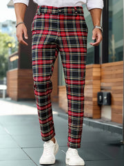Threebooy  Men's Tartan Plaid Tapered Cropped Dress Pants Viscose Polyamide Elastane Slim Fit Business Casual Ankle‑Length Trousers