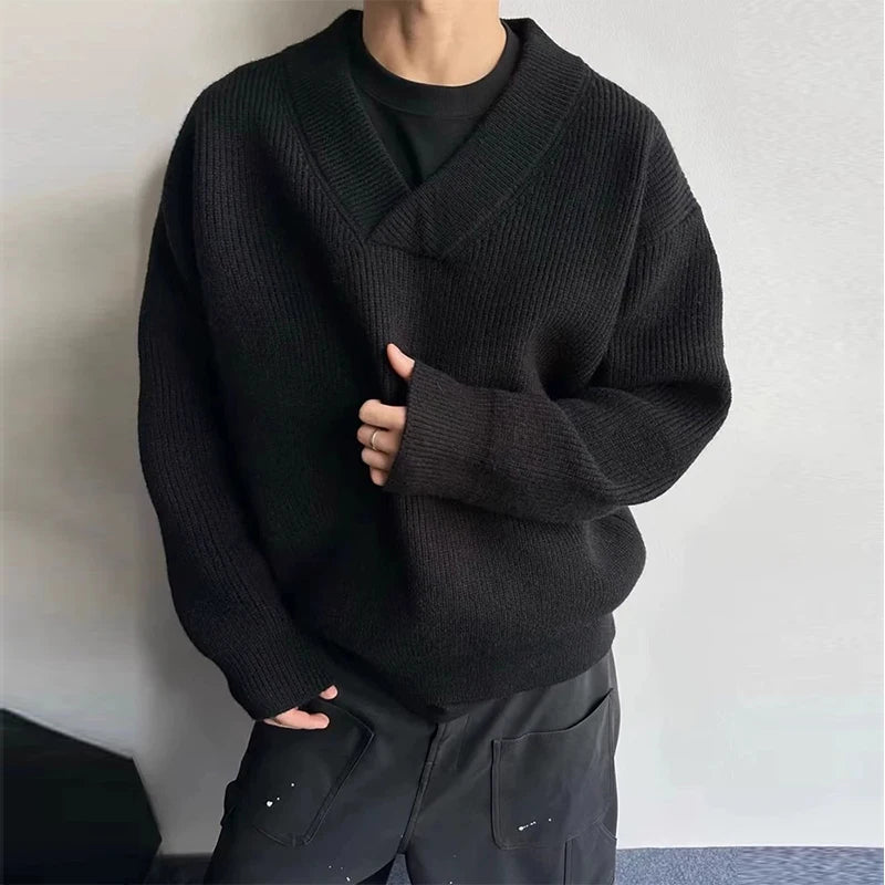 Threebooy  New American Vintge Men V Neck Sweaters Casual Drooping Solid Color Long Sleeve Knitwear Premium Quality Knitted Pullovers M-2XL