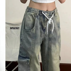 Threebooy  Hip hop American men and women trendy personalized washed drawstring jeans for couples loose straight leg casual pants y2k