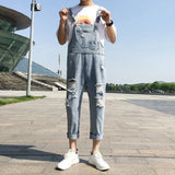 Threebooy Men's Suspenders Jumpsuit Summer Fashion Loose Denim Overalls Man Straight Hole Nine Point Pants Male Clothing Plus Size S-3Xl