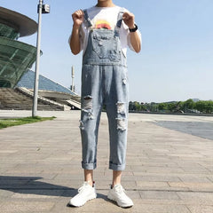 Threebooy Men's Suspenders Jumpsuit Summer Fashion Loose Denim Overalls Man Straight Hole Nine Point Pants Male Clothing Plus Size S-3Xl