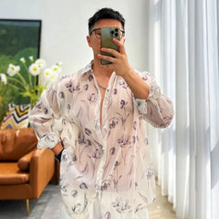 Threebooy Men's Sexy Mesh Shirt See-through Floral Shirts Spring Summer New Long-sleeved Blouse Trend Fashion Home LGBT Casual Clothing