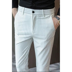 Threebooy  Men's Clothing Business Striped Pants Cootrast Color Slim Casual Spring Straight England Banquet Mid Chic Ankle-Length Trousers