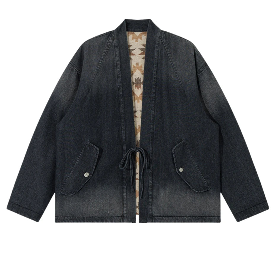 Threebooy Vintage Cargo Denim Jackets Mens Japan Style Double-faced Cardigan Kimono Harajuku Loose Casual Cotton Print Jeans Coats Male