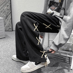 Threebooy Casual Straight Wide Leg Pants Breathable High Street Trend Loose Casual Cargo Pants Plaid Black Rope Decorative Trousers Spring