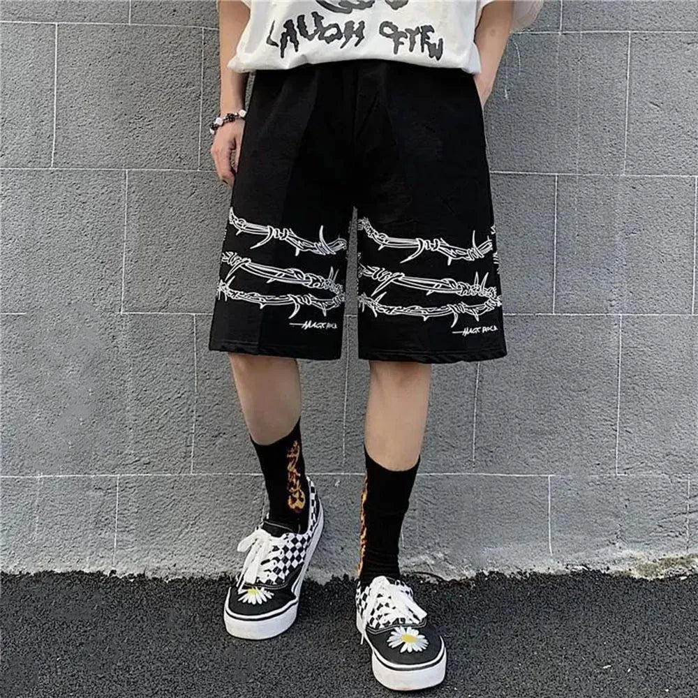 Threebooy Mens Casual Shorts Summer Hip-Hop Street Harajuku Style Personalized Print Simple Sports Shorts Boys Loose Straight Pants