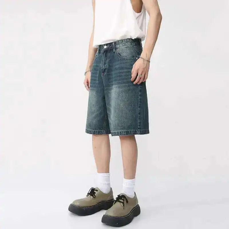 Threebooy  Summer Denim Shorts Men's Loose Korean Style Retro Short Jeans Fashion Washed Casual Knee Length Pant New Streetwear