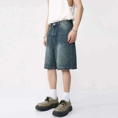 Threebooy  Summer Denim Shorts Men's Loose Korean Style Retro Short Jeans Fashion Washed Casual Knee Length Pant New Streetwear