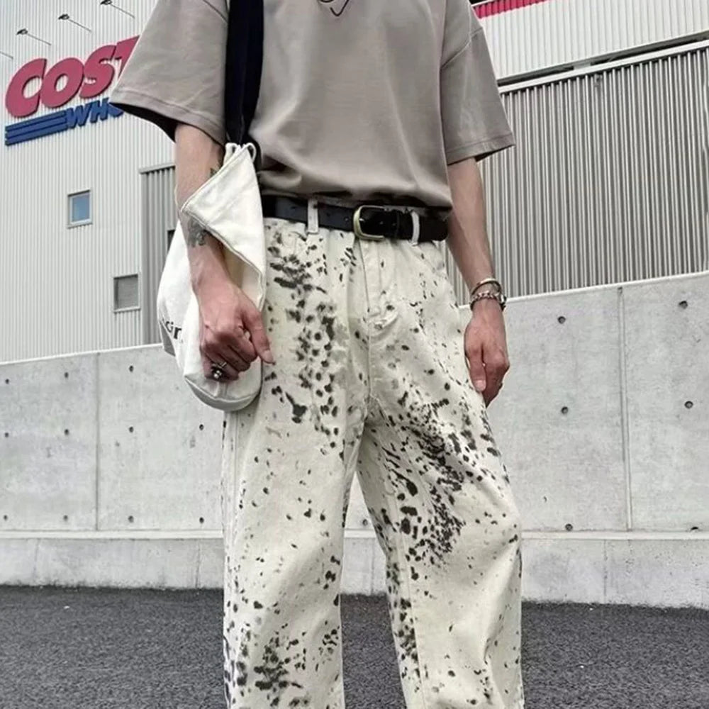 Threebooy Y2K Mens Pants Leopard Print Contrasting Casual Wide Leg Jeans Summer High Street Washed Straight Leg Pants Men's Clothing