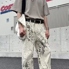 Threebooy Y2K Mens Pants Leopard Print Contrasting Casual Wide Leg Jeans Summer High Street Washed Straight Leg Pants Men's Clothing