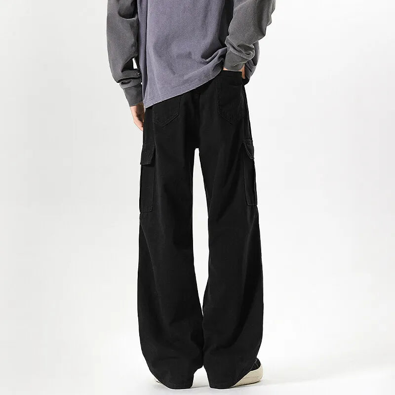 Threebooy  Mens Workwear Cargo Pants Straight Loose Fit Patchwork Design Denim Pants Casual Outdoor Streetwear Tactical Utility Clothing