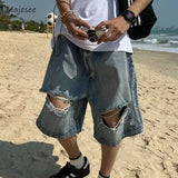 Threebooy Beach Style Jeans Men Summer Fashion Vintage Hole Design All-match Denim Clothing Gothic High Street Males Trousers Knee Length