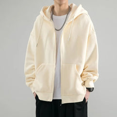 Threebooy Solid Zipper Cardigan Sweatshirt for Men in Spring Autumn Loose Versatile Hooded Student Hong Kong Style Men's Clothing Jacket