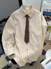 Threebooy  Retro Striped Men's Shirt Jacket Loose Fit Long Sleeve with Tie Spring Autumn Design Polyester Fiber Versatile All Seasons