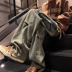 Threebooy High street hip-hop men and women trendy personality large pocket straight leg washed denim jeans couple retro casual pants y2k