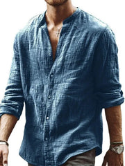 Threebooy Spring Autumn New Men's Solid Casual Standing Collar Long Sleeved Linen Cardigan Shirts For Men