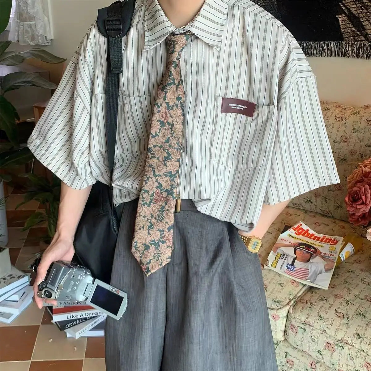 Threebooy Vintage High Striped Shirt Jacket Men's Loose Ins Long Sleeved Top Tops Shirts for Men Clothing Camisas y Blusa