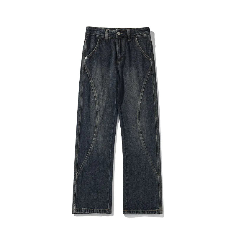 Threebooy Straight Leg Jeans Men Washed Solid Trousers Panel Design Denim Pants Autumn Fall Male Wear New 2025 High-quality denim pants