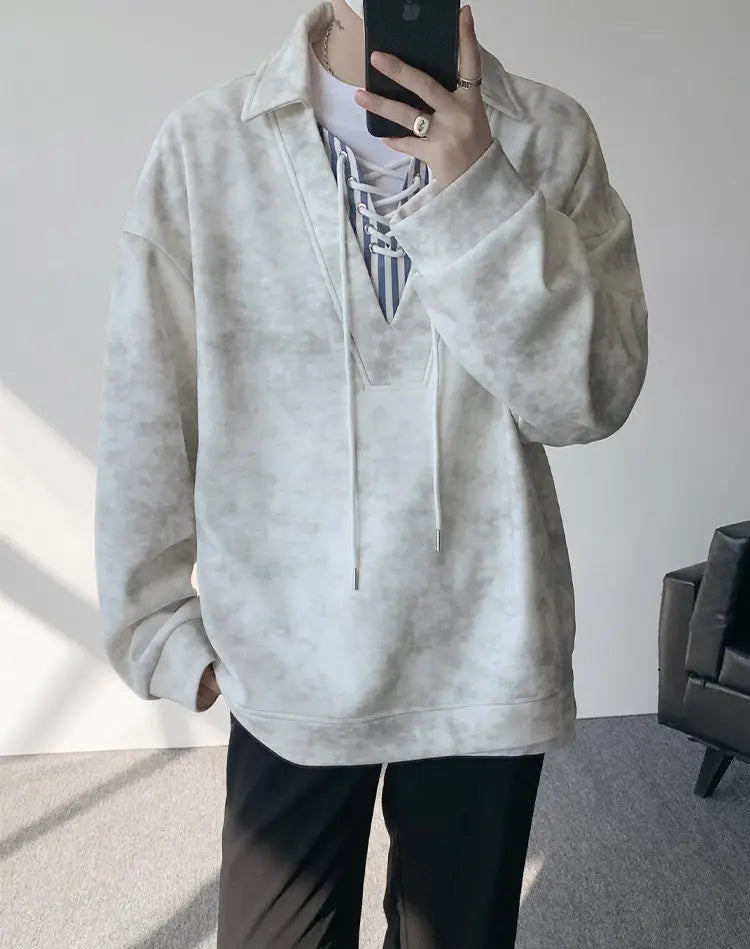 Threebooy Collar Sweatshirt Mens Layered V Neck Pullover Fake Two Piece Streetwear Casual Hoodie Jacket Fall 2025 New Tie Dye Design