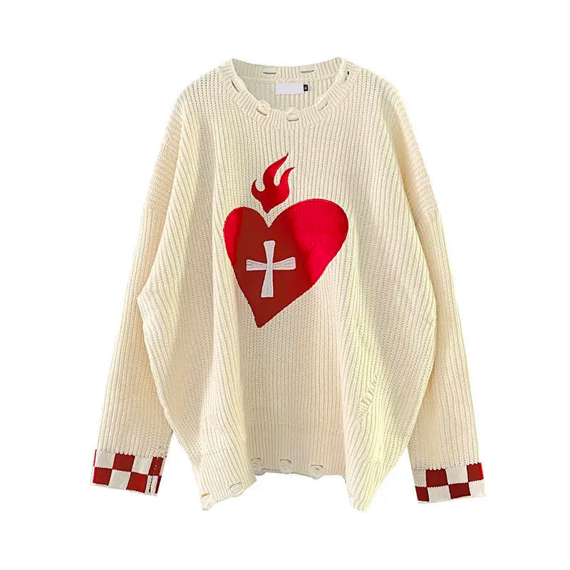 Threebooy Sweater With Hearts Harajuku Fashion Men's Clothes Winter Trend Women's Print Oversize Korean Knit Hip Hop Clothing Sweaters