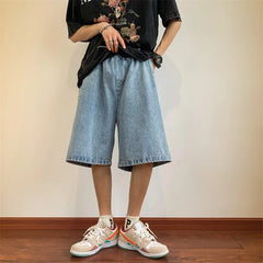 Threebooy Summer Denim Shorts for Men Korean Harajuku Retro All-Match Baggy Straight Bottoms Wide-Leg High Street Five-Point Jeans Pants