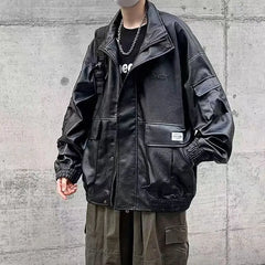 Threebooy Autumn VIntage Men's Leather Jackets PU Biker Coat Oversized Faux Leather Bomber Jacket 90s Big Pockets Windbreaker Overcoat