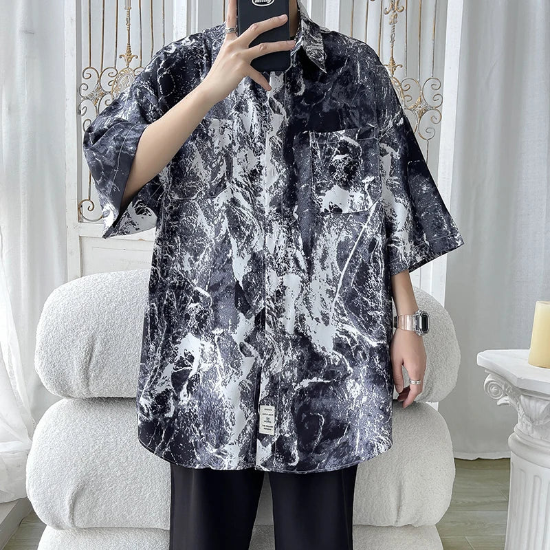 Threebooy Men Hip Hop Harajuku Shirt Painting Graffiti Color Streetwear Loose Short Sleeve Trend Fashion Beach Shirts Casual Button Tops