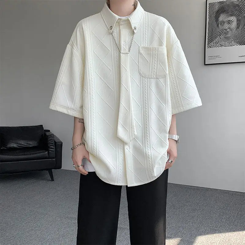 Threebooy White Texture Short-sleeved Shirts Men Korean Chic All-match Blouses Casual Loose Single Breasted Black Shirt with Tie