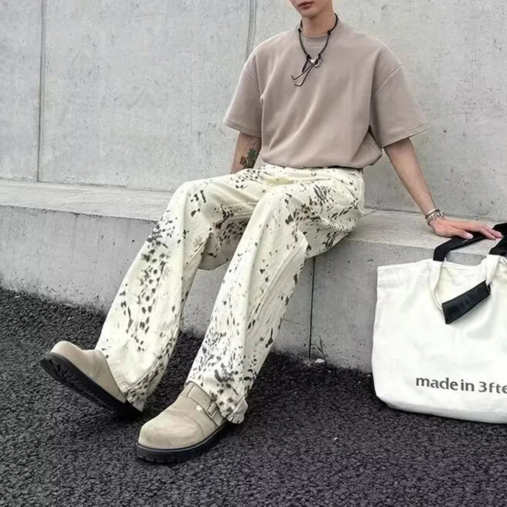 Threebooy Y2K Mens Pants Leopard Print Contrasting Casual Wide Leg Jeans Summer High Street Washed Straight Leg Pants Men's Clothing