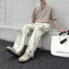 Threebooy Y2K Mens Pants Leopard Print Contrasting Casual Wide Leg Jeans Summer High Street Washed Straight Leg Pants Men's Clothing