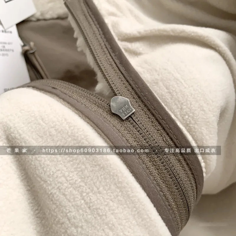 Threebooy Autumn Winter Lambswool Coat Male Loose Windproof Warm Sherpa Stand Collar Polar Fleece Jacket Unisex Simple  Pocket Spliced Top