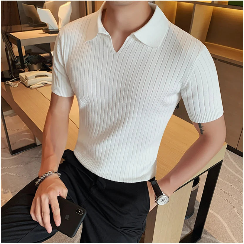 Threebooy  British Style Men's Summer Casual Short Sleeves Polo Shirts/Male Slim Fit High Quality Stripe Knitted V-neck Polo Shirts