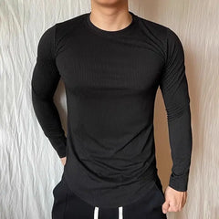 Threebooy  Sports Long-sleeved T-shirt Fitness Tights Slim Elastic Striped Round Neck Casual