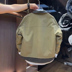 Threebooy  Vintage Fake Two-piece Plaid Jacket Men's 2025 Spring New Spliced Lapel Jacket Handsome Trendy Korean Style Elegant Work Coat