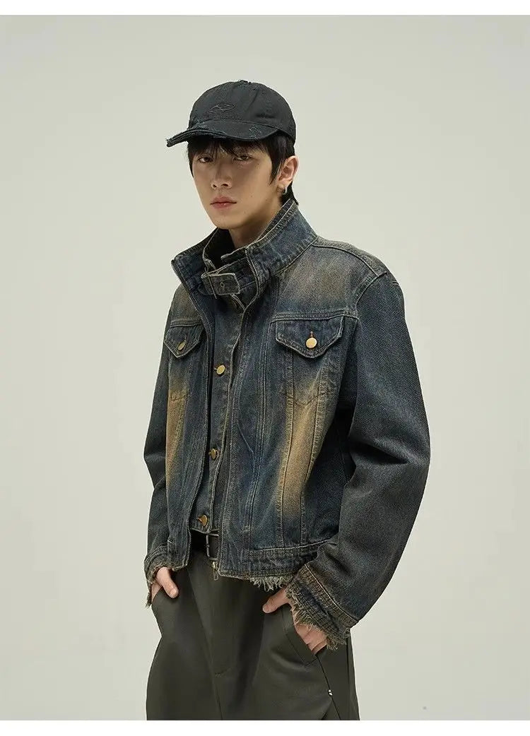 Threebooy Vintage Denim Jacket Man Woman Short Zipper Single Breasted Cowboy Crop Coats Blue Washed Stand Collar Unisex Jeans Outerwear