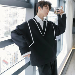 Threebooy Preppy Elegant Shirt High-end Sweatshirt for Men Spliced men's Fake Two Pieces Casual Long-sleeved Loose Lapel Shirt
