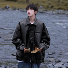 Threebooy Men's Fashion Trend Coats Vintage Cool Motorcycle Pu Leather Jackets Casual Loose Black/brown Color Outerwear M-2XL